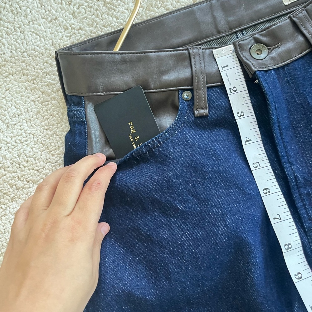 rag & bone Dark Blue wide Leg Jeans with Black Leather Lori midi size 26 cowgirl - Picture 16 of 16